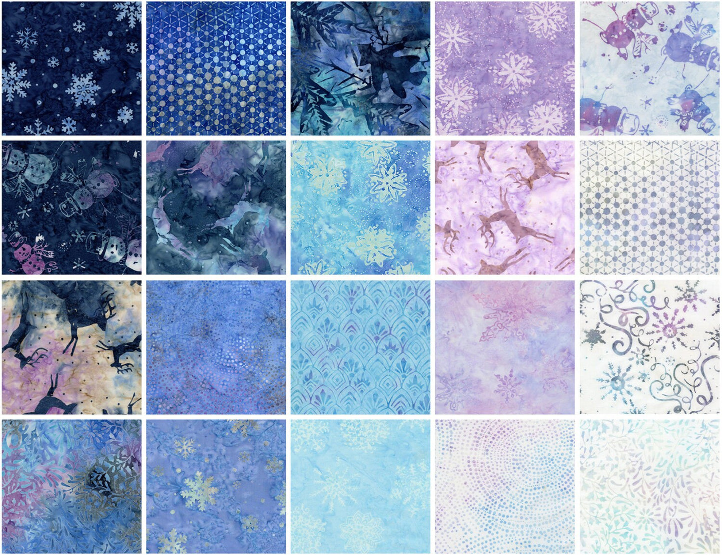 Frost 2.5" Strips, Timeless Treasures Treat-Strip40 Frost, Blue Purple Winter Snowflakes Reindeer 2.5" Batik Fabric Strips