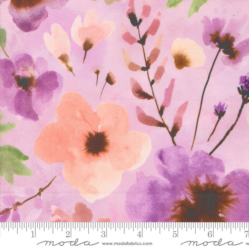 Blooming Lovely Charm Pack, Moda 16970PP, 5" Lavender Pink Brown Watercolor Floral Precut Precut Quilt Fabric Squares, Janet Clare