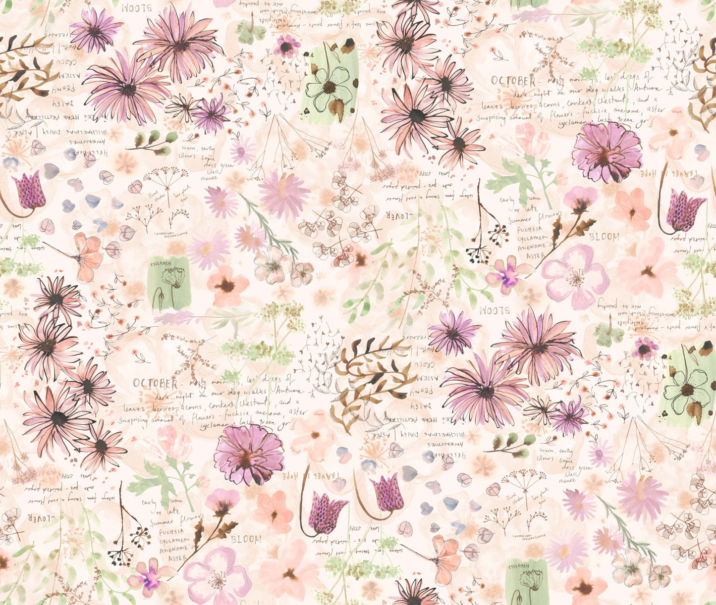 Blooming Lovely Charm Pack, Moda 16970PP, 5" Lavender Pink Brown Watercolor Floral Precut Precut Quilt Fabric Squares, Janet Clare