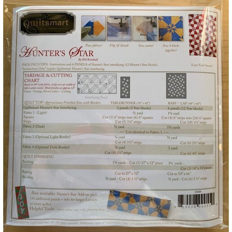 Hunter's Star Snuggler Pack, Quiltsmart QS15009, Star Table Runner Lap Baby Quilt Pattern with Printed Fusible Interfacing