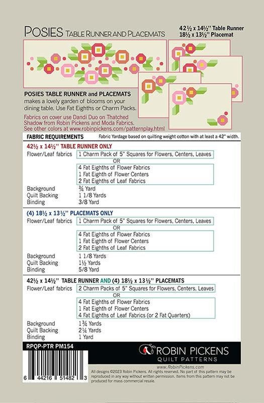 Posies Table Quilt Pattern, Robin Pickens RPQP-PTR PM154, Charm Squares Fat Eighths F8 Friendly Table Runner Place Mats Pattern