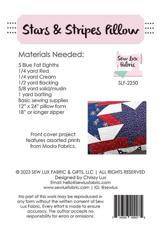 Stars and Stripes Pillow Quilt Pattern, Sew Lux Fabric SLF2250, Fat Eighths F8 Friendly Patriotic Pillow Cover Pattern