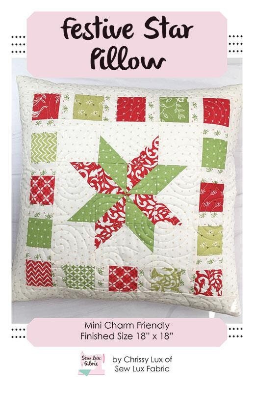 Festive Star Pillow Quilt Pattern, Sew Lux Fabric SLF2012, Mini Charm Square F8 Fat Eighths Friendly Star Square Pillow Cover Pattern