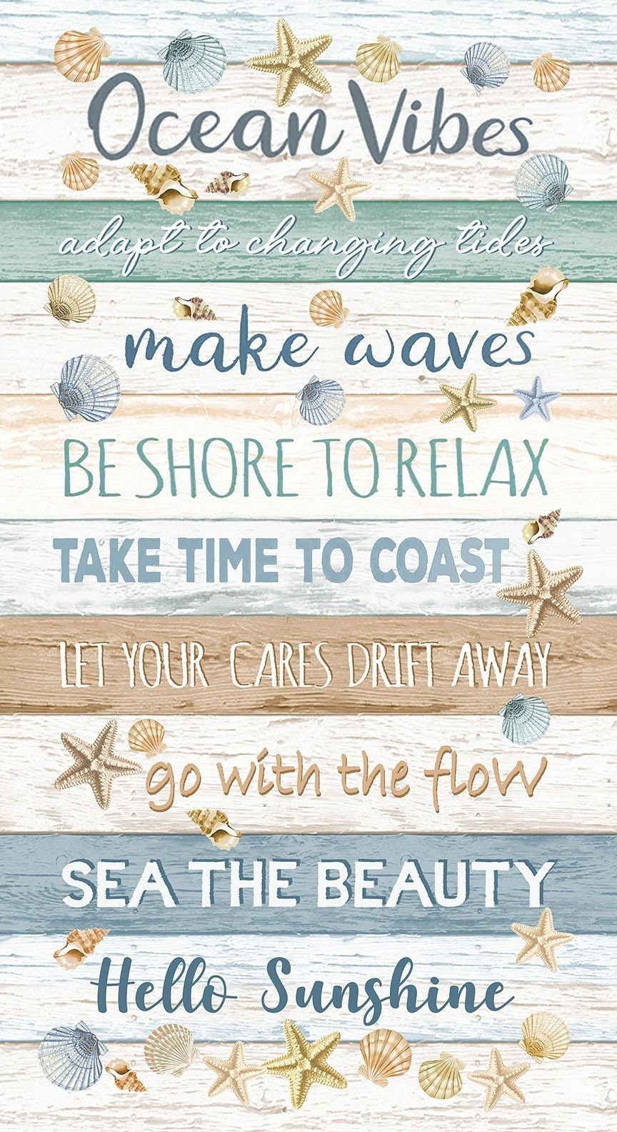 Ocean Vibes - Beach Life Text 24" Fabric Panel, Timeless Treasures Panel-CD3029 Ocean, Shiplap Shells Text Fabric Panel