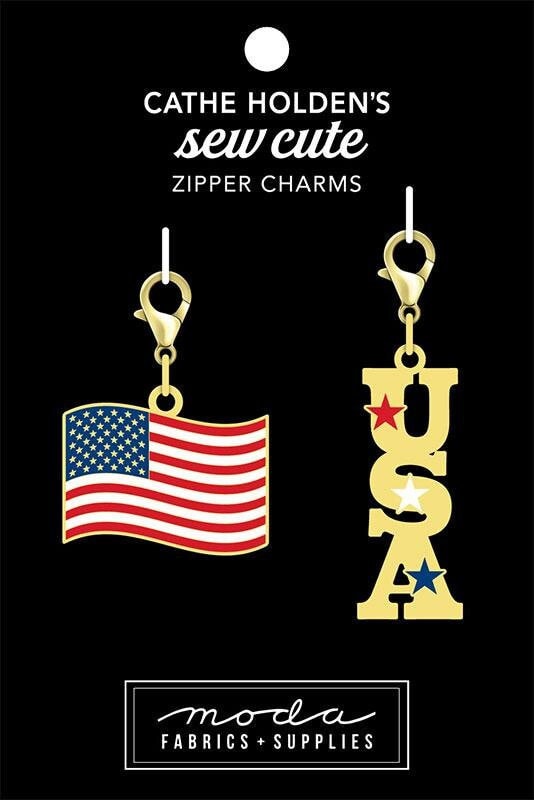 Sew Cute Flag USA Zipper Charms Pulls, Cathe Holden CH155, Sewing Quilting Notions, Patriotic Gold Metal and Enamel Zipper Pulls Charms