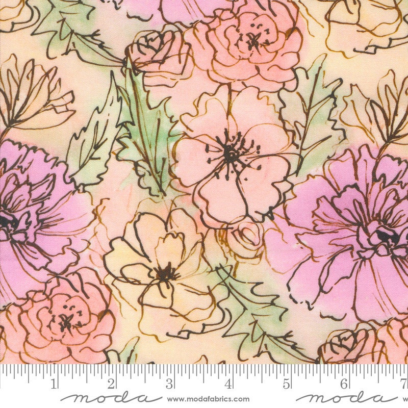 Blooming Lovely Charm Pack, Moda 16970PP, 5" Lavender Pink Brown Watercolor Floral Precut Precut Quilt Fabric Squares, Janet Clare