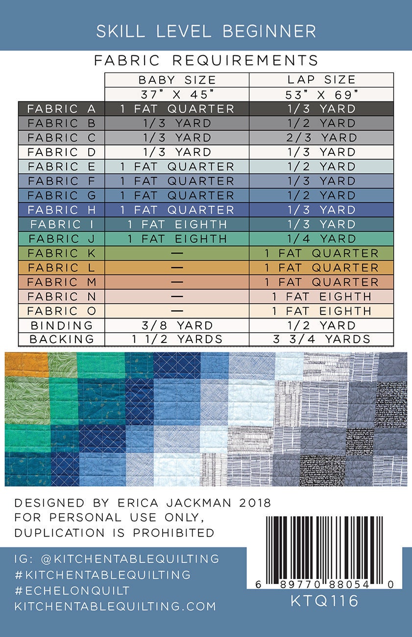 Echelon Quilt Pattern, Kitchen Table Quilting KTQ116, Fat Quarter FQ Yardage Friendly Baby Lap Throw Quilt Pattern