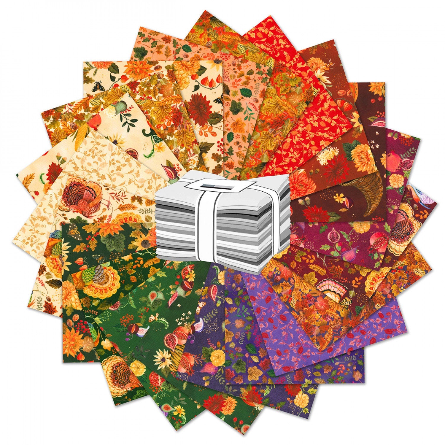 Thankful 20 Piece Fat Quarter Bundle, Robert Kaufman FQ-2151-20, Thanksgiving Turkey Floral Fabric, 18 x 22 Fabric Cuts