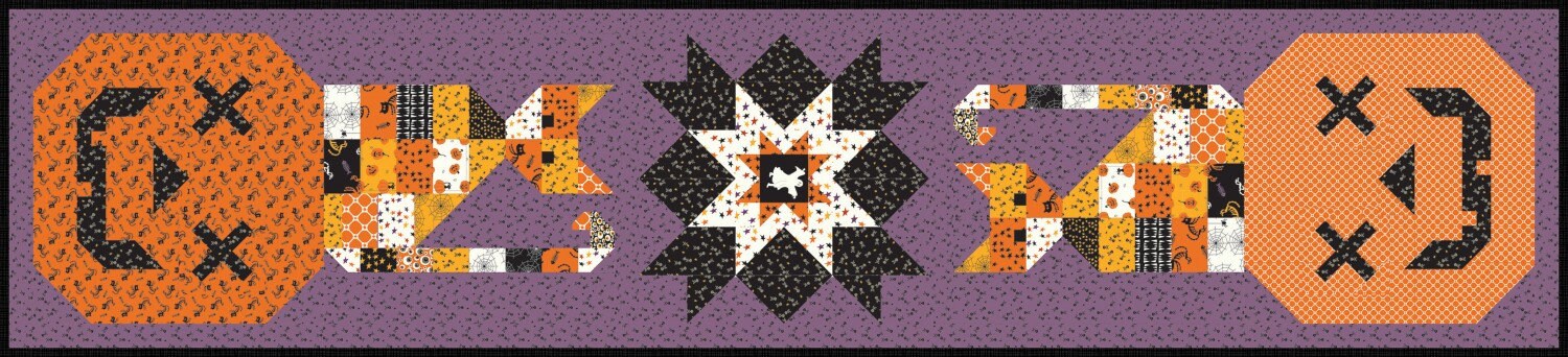 Calico Cats and Jacks Table Runner Quilt KIT, Riley Blake KT-14501, Patchwork Cats Jack O Lanterns Quilt Kit, Sandy Gervais