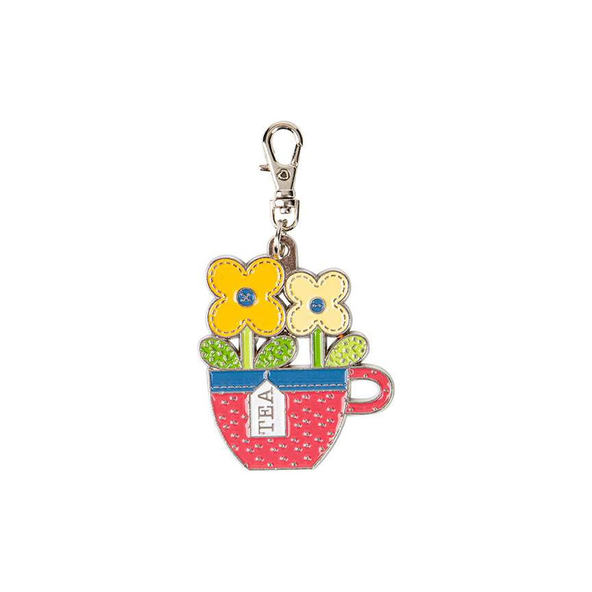 Happy Charms - Teacup Zipper Pull Keychain Charm, Riley Blake ST-31085, Sewing Quilting Notions, Tea Cup with Flowers Enamel Charm