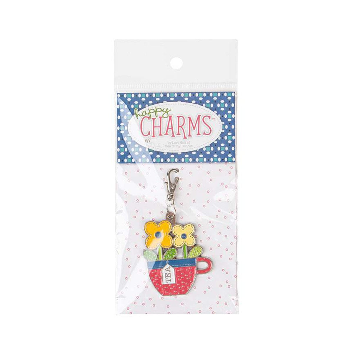 Happy Charms - Teacup Zipper Pull Keychain Charm, Riley Blake ST-31085, Sewing Quilting Notions, Tea Cup with Flowers Enamel Charm