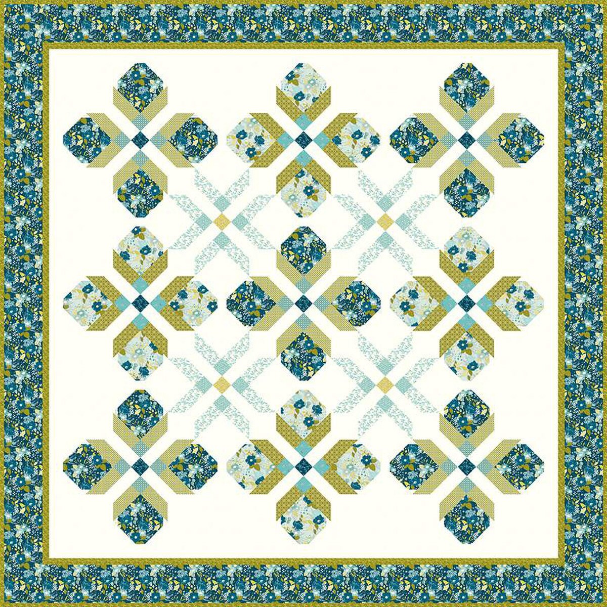 Budding Stars Quilt Pattern, Pieces From My Heart PH809, Yardage Friendly Flowers Stars Queen Square Bed Quilt Pattern, Sandy Gervais