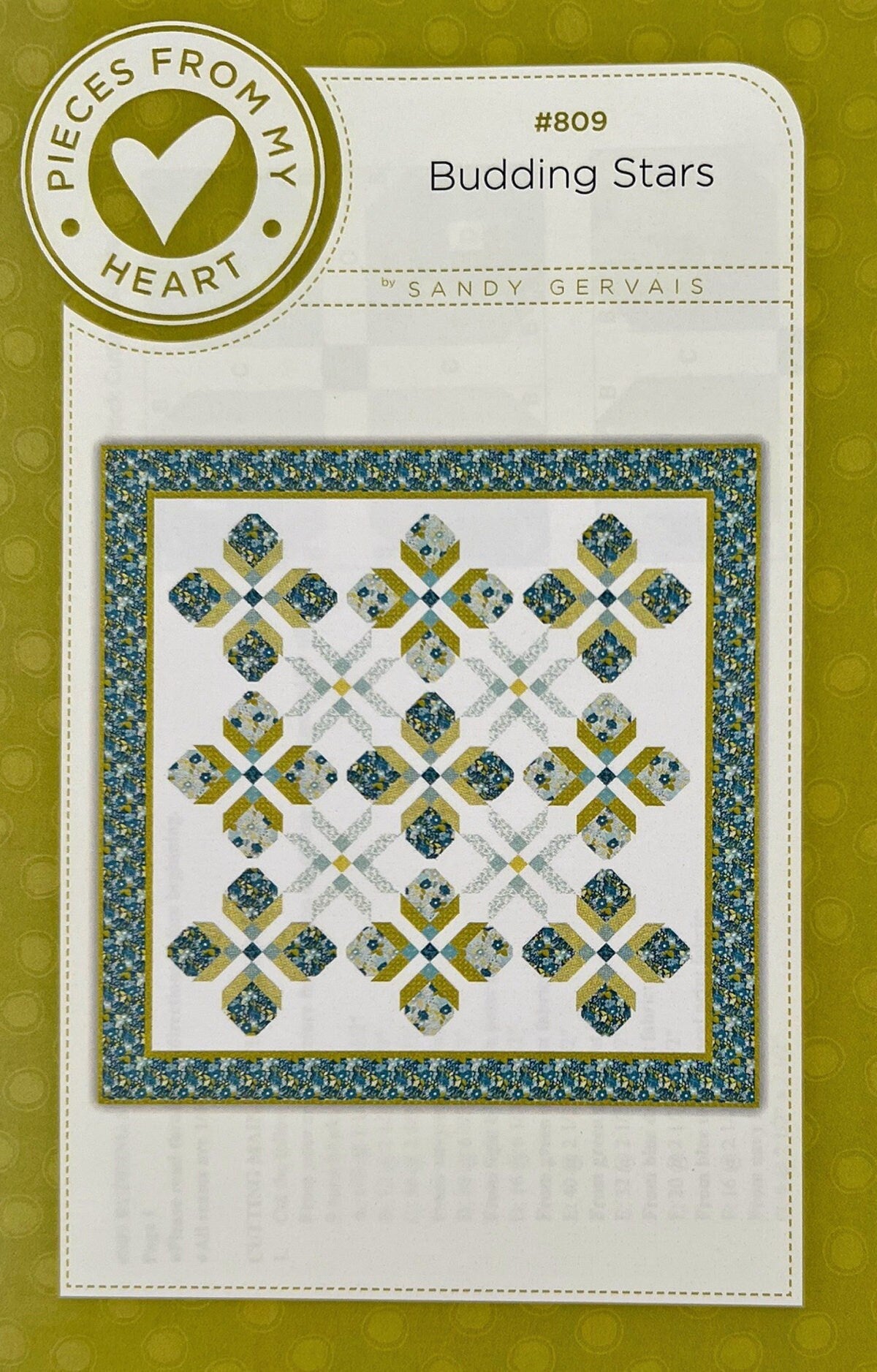 Budding Stars Quilt Pattern, Pieces From My Heart PH809, Yardage Friendly Flowers Stars Queen Square Bed Quilt Pattern, Sandy Gervais