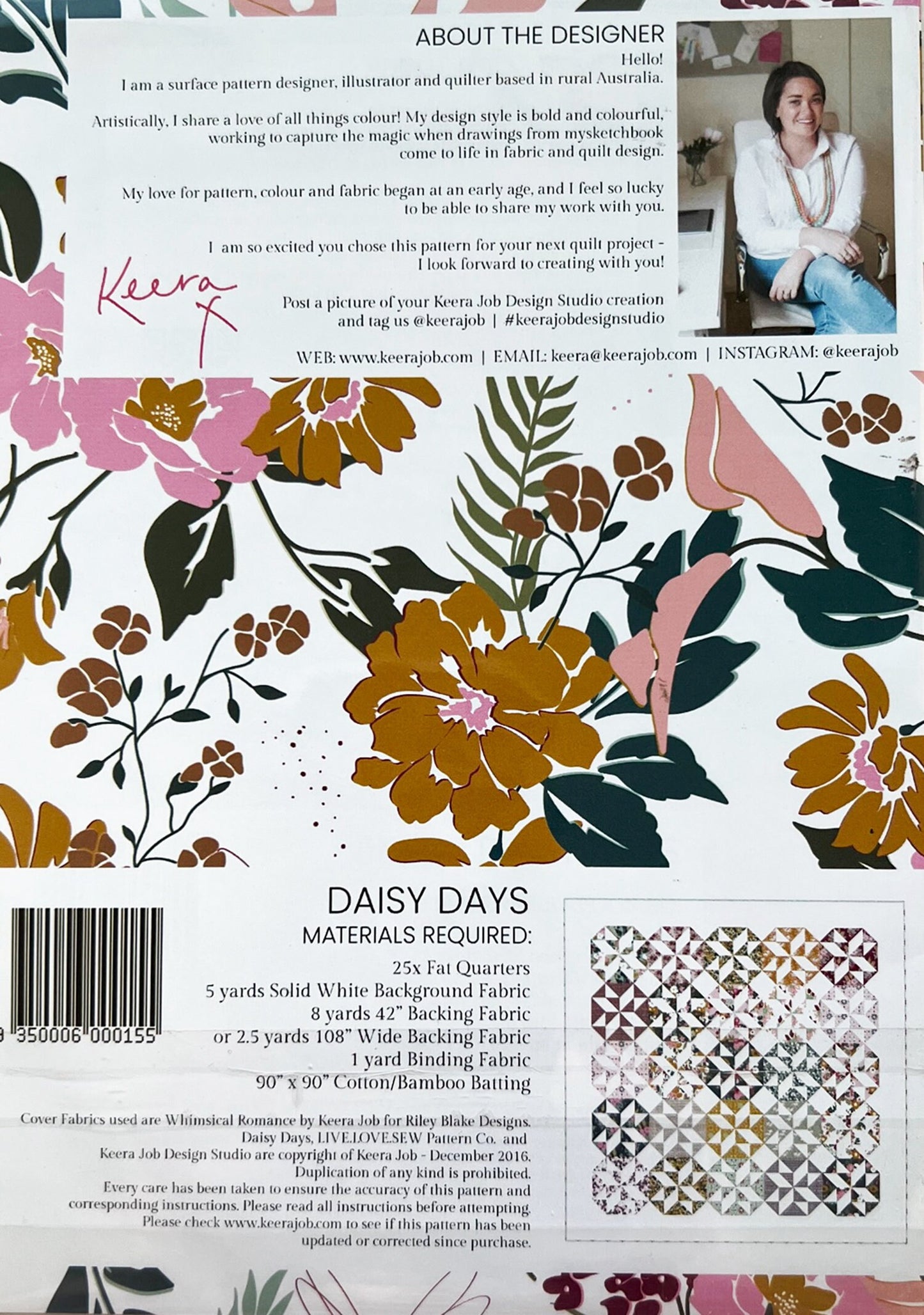 Daisy Days Quilt Pattern, Live Love Sew P126-DAISYDAYS, 25 Fat Quarter FQ Friendly Square Flower Quilt Pattern, Keera Job 119