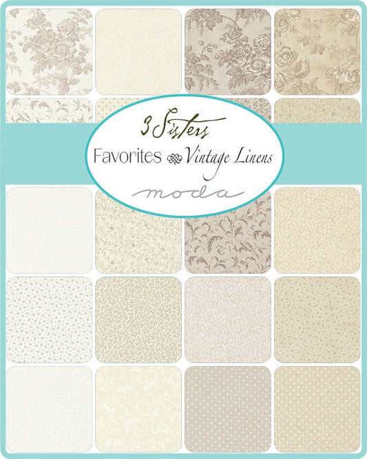 3 Sisters Favorites Vintage Linens Charm Pack, Moda 44360PP, Neutral Beige Cream Floral 5" Precut Fabric Charm Squares