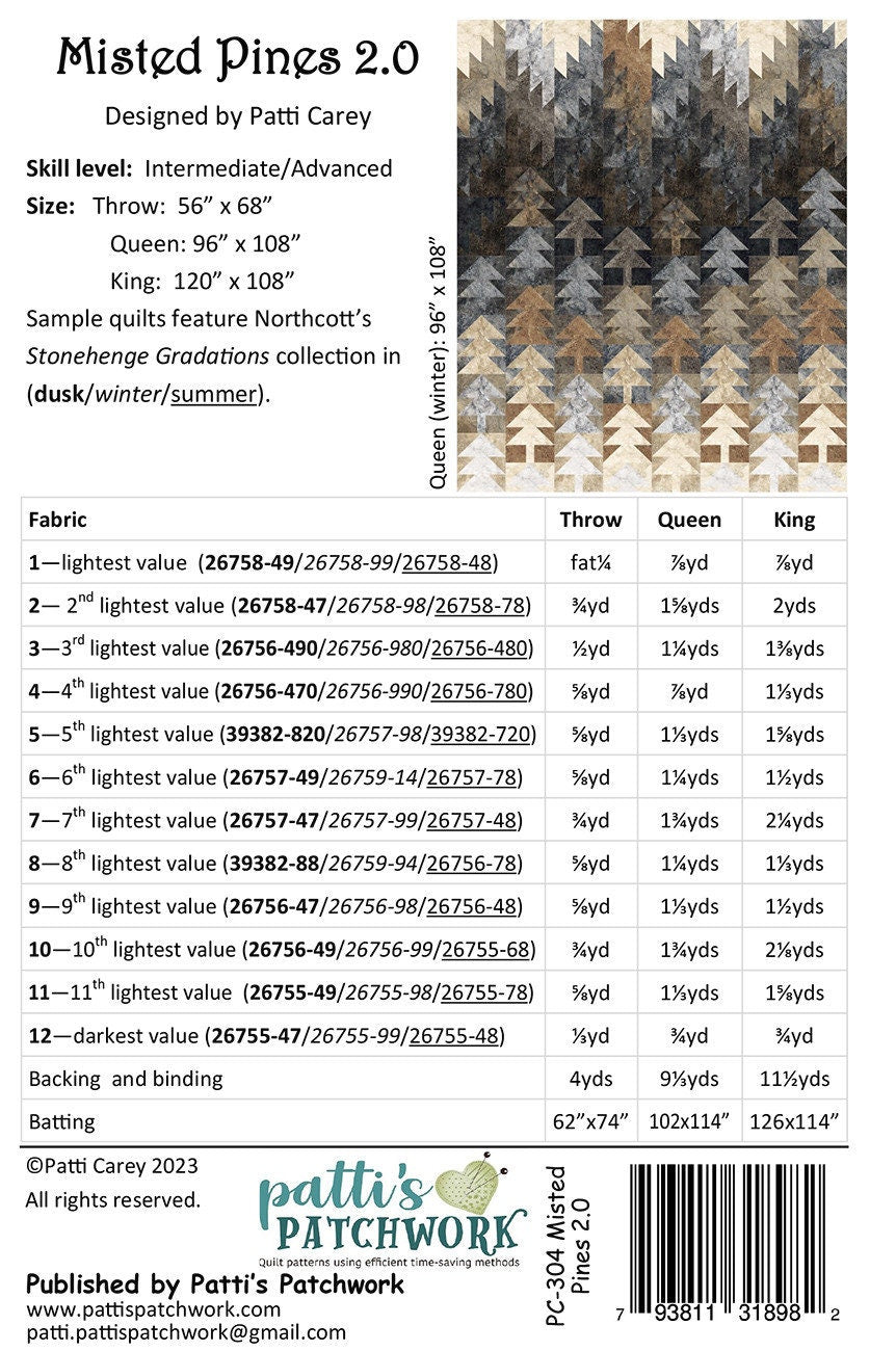 Misted Pines 2.0 Quilt Pattern, Patti's Patchwork PC-304, Monochromatic Trees Mountains Quilt Pattern, Throw Queen King Quilt Pattern