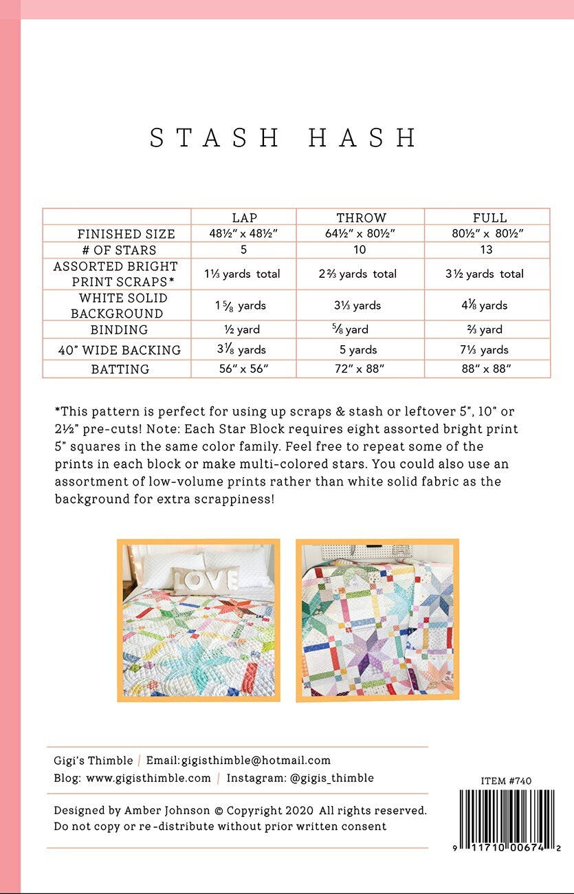 Stash Hash Quilt Pattern, Gigi's Thimble GT740, Scrap Friendly Scrappy Star Quilt Pattern, Lap Throw Full Quilt Pattern, Amber Johnson