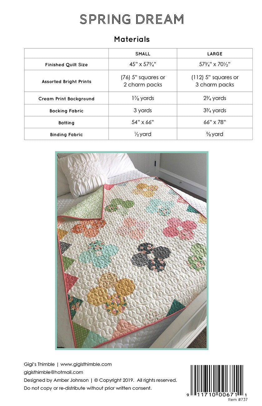 Spring Dream Quilt Pattern, Gigi's Thimble GT737, 5" Charm Square Friendly Flower Lap Throw Quilt Pattern