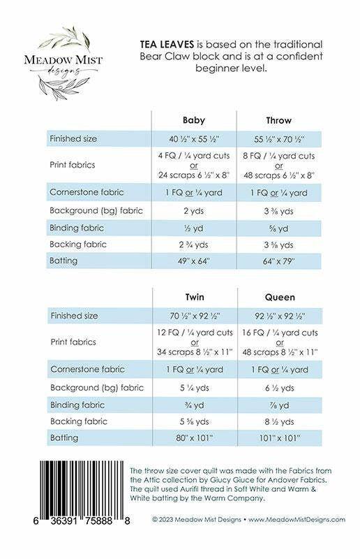 Tea Leaves Quilt Pattern, Meadow Mist Designs MMD1063, Fat Quarter FQ Yardage Scrap Friendly Autumn Fall Leaves Quilt Pattern