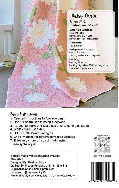 Daisy Chain Quilt Pattern, My Sew Quilty Life MSQL112, Yardage Friendly Daisies Flower Throw Quilt Pattern