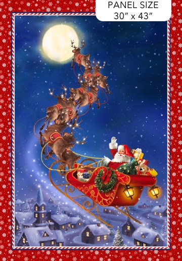 Twas the Night Before Christmas - Indigo Multi Santa in Sleigh 30" Fabric Panel, Northcott DP27020-48, Christmas Xmas Quilt Panel