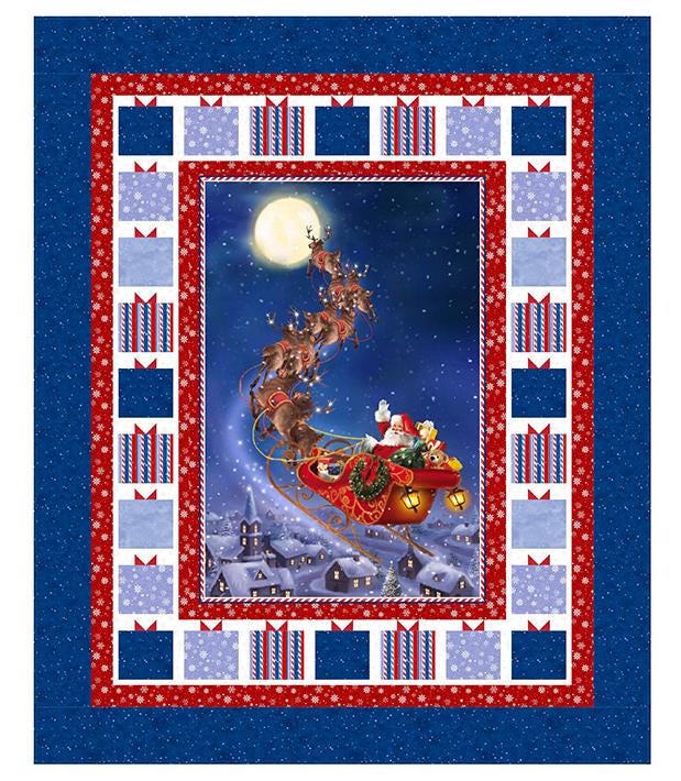 Santa in Flight Panel Frame Quilt Pattern, Castilleja Cotton PTN3254, Fabric Panel Quilt Pattern, Panel Friendly