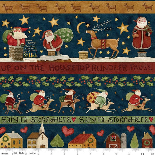 Up on the Housetop - Border Stripe Navy Christmas Fabric, Riley Blake C14736 Midnight, Santa Reindeer Xmas Fabric, Teresa Kogut, By the Yard