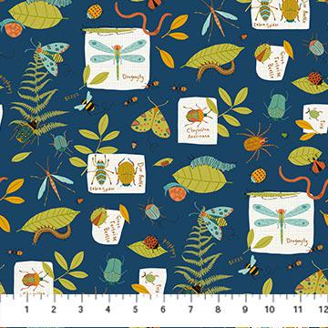 REMNANT 1 Yard 28" of Backyard Bug Collector - Navy Bug Collection Fabric, Northcott 27298-49, Kids Plants Bugs Insects Blue Fabric, Edwards
