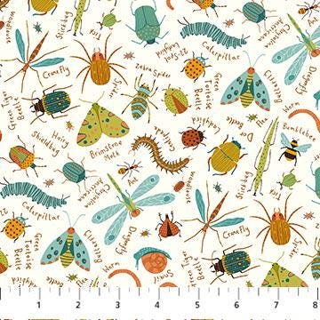 Backyard Bug Collector - Cream Multi Large Tossed Bugs Fabric, Northcott 27299-11, Juvenile Insects Fabric, Deborah Edwards, By the Yard