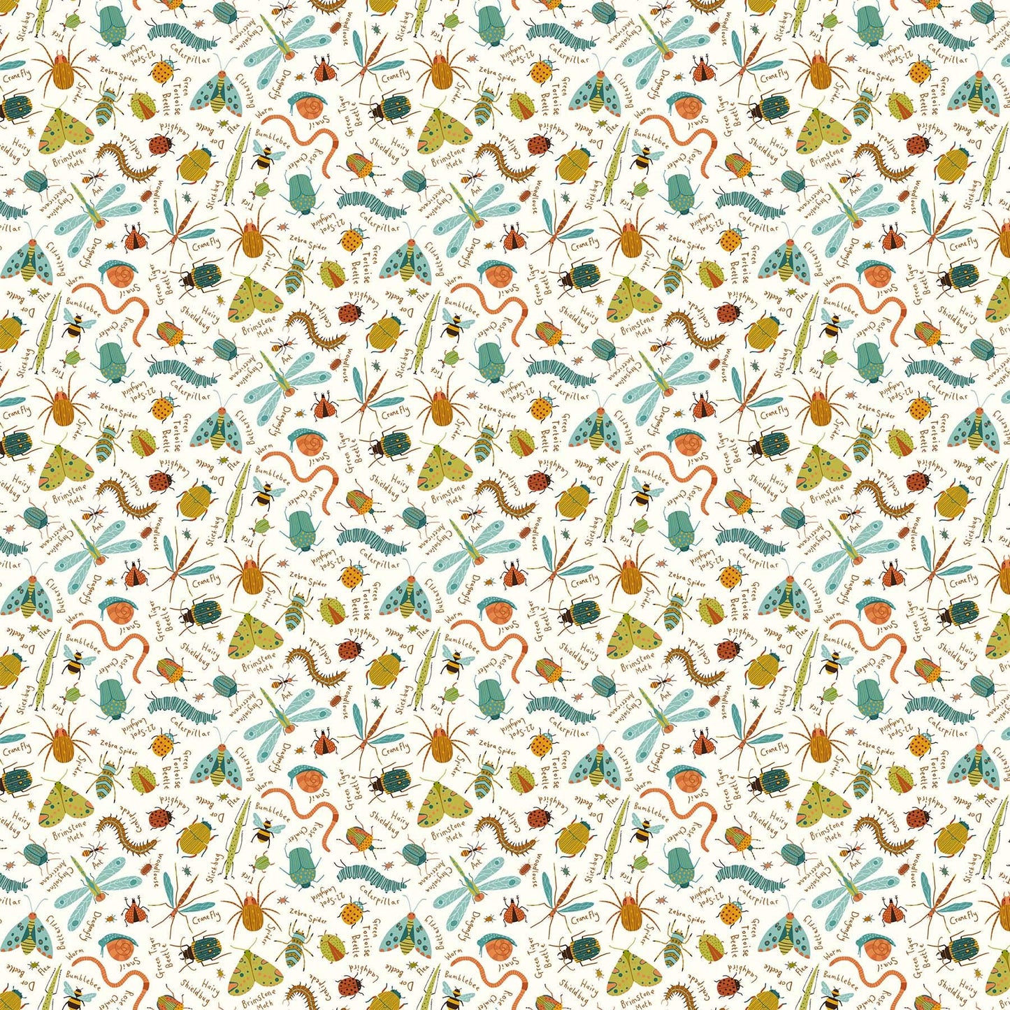 Backyard Bug Collector - Cream Multi Large Tossed Bugs Fabric, Northcott 27299-11, Juvenile Insects Fabric, Deborah Edwards, By the Yard