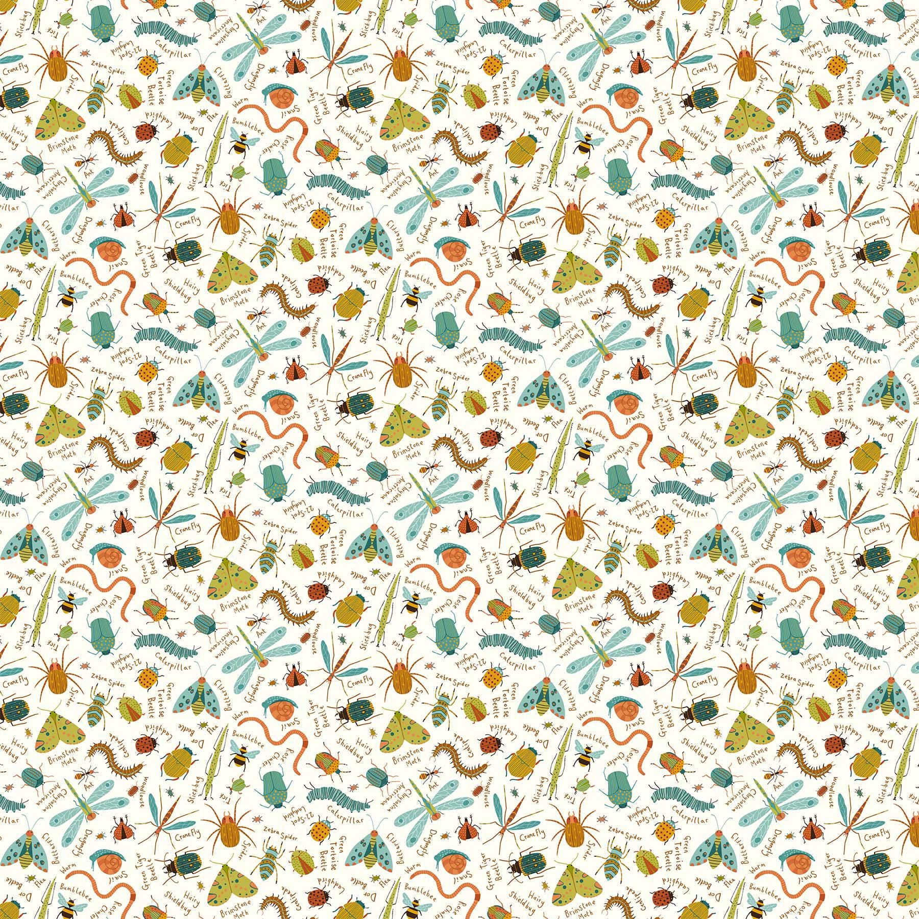 Backyard Bug Collector - Cream Multi Large Tossed Bugs Fabric, Northcott 27299-11, Juvenile Insects Fabric, Deborah Edwards, By the Yard