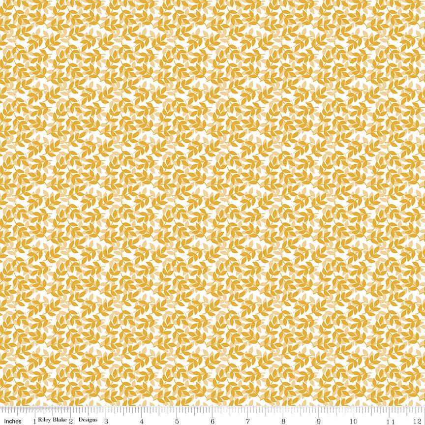 With a Flourish - Mustard Yellow White Leafy Sprigs Fabric, Riley Blake C12734 Mustard, Simple Simon