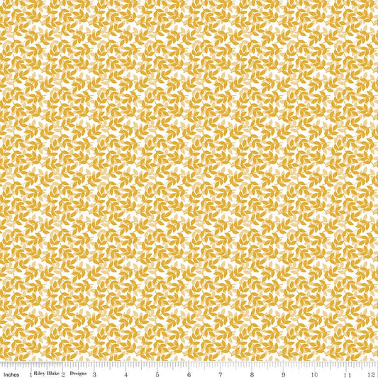 With a Flourish - Mustard Yellow White Leafy Sprigs Fabric, Riley Blake C12734 Mustard, Simple Simon