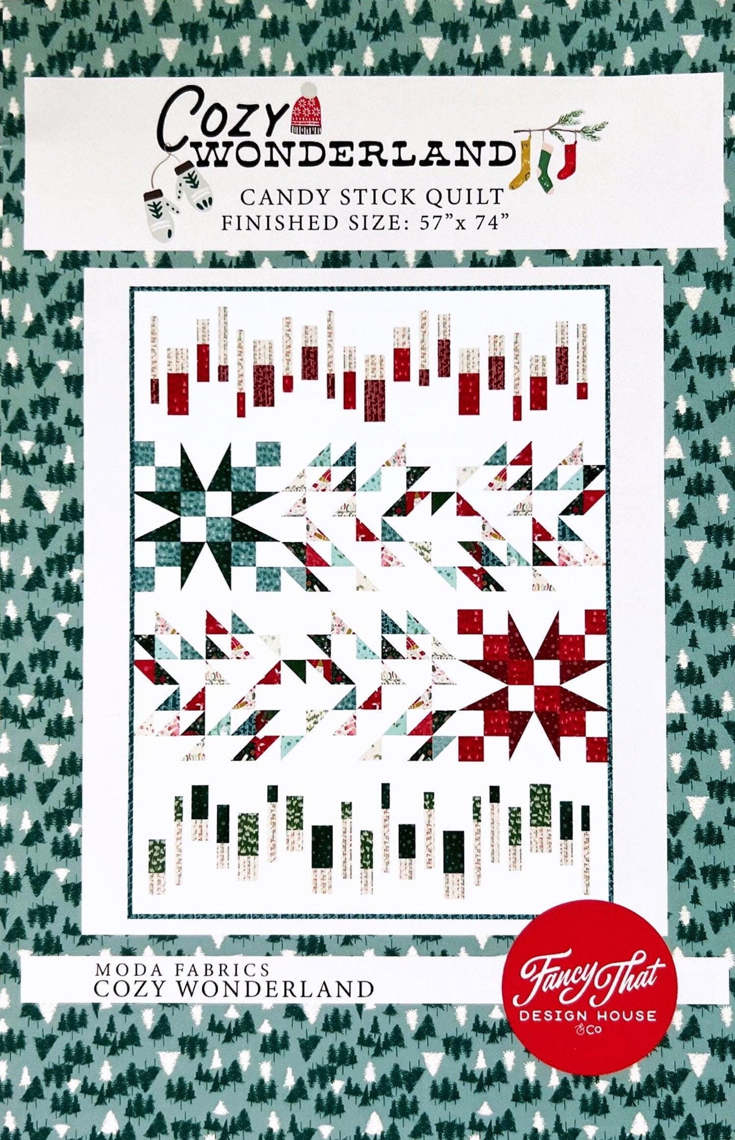 Candy Stick Quilt Pattern, Fancy That Design FTD228, Layer Cake Friendly Christmas Xmas Star Lap Throw Quilt Pattern, Cozy Wonderland Quilt