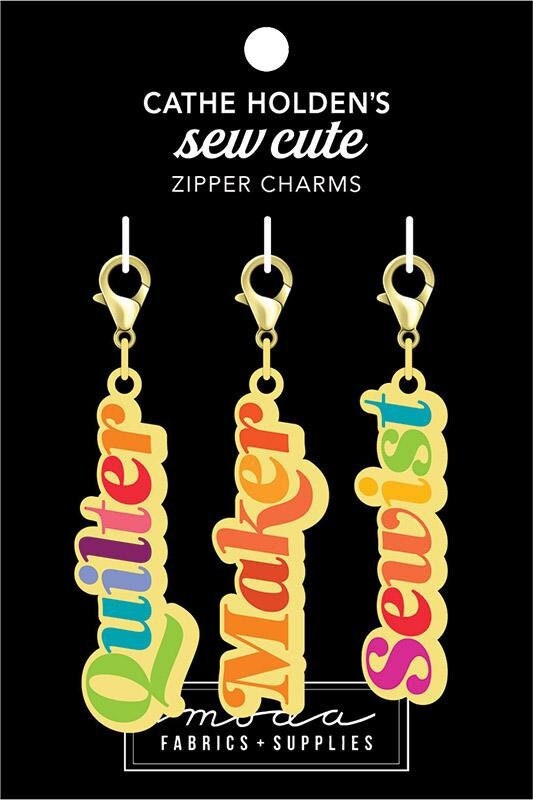 Sew Cute - Sewing Themed Words Zipper Charms Pulls, Cathe Holden CH122, Sewing Quilting Notions, Gold Metal and Enamel Zipper Pulls Charms