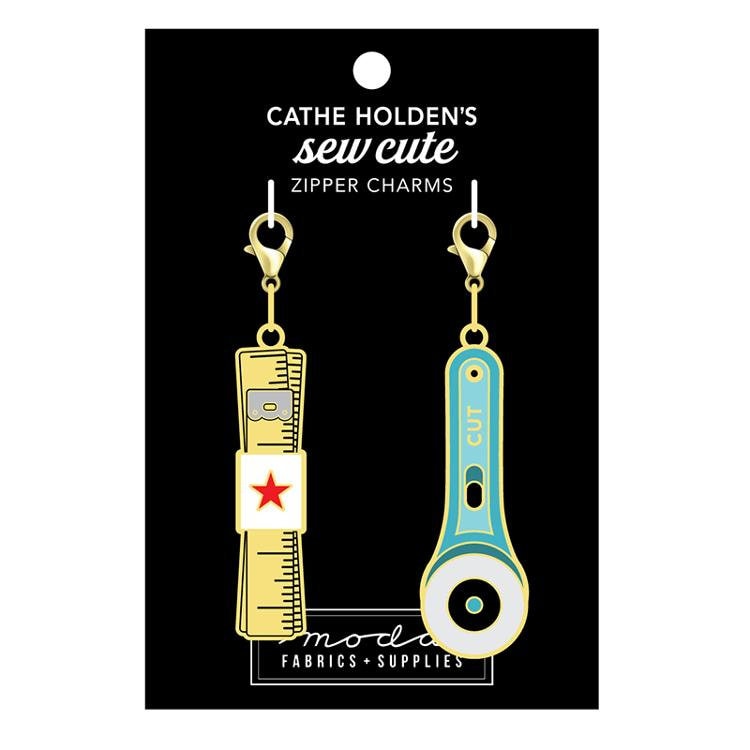 Sew Cute - Measure Cut Quilting Zipper Charms Pulls, Cathe Holden CH122, Sewing Quilting Notions, Gold Metal and Enamel Zipper Pulls Charms