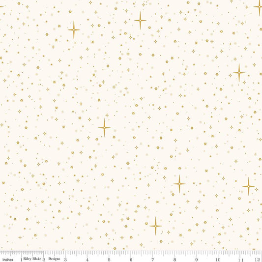 REMNANT 25" of Christmas Wishes - Starry Sky Cream Gold Fabric, Riley Blake C15046-Cream, Christmas Blender Golden Stars in Sky Fabric