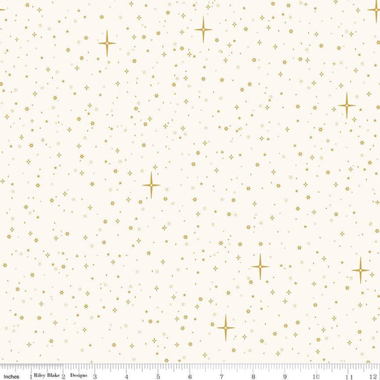 REMNANT 21" of Christmas Wishes - Starry Sky Cream Gold Fabric, Riley Blake C15046-Cream, Christmas Blender Golden Stars in Sky Fabric