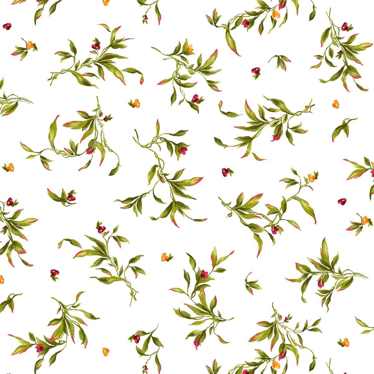 REMNANT 34" of Catalina - Wispy Small Floral Green Leaves Buds on White Fabric, Maywood Studio MAS8407 W, Marti Mitchell