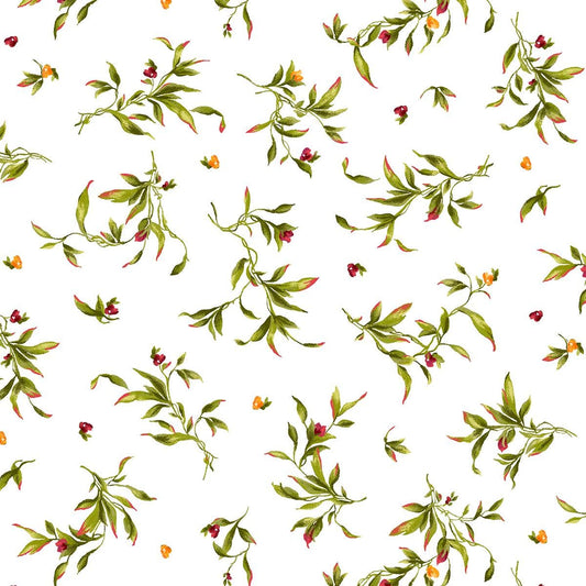 REMNANT 34" of Catalina - Wispy Small Floral Green Leaves Buds on White Fabric, Maywood Studio MAS8407 W, Marti Mitchell