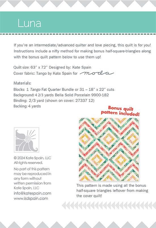 Luna Quilt Pattern, Kate Spain KS2401, 31 Fat Quarter FQ Friendly Modern Throw Quilt Pattern with Bonus Pattern for Leftovers