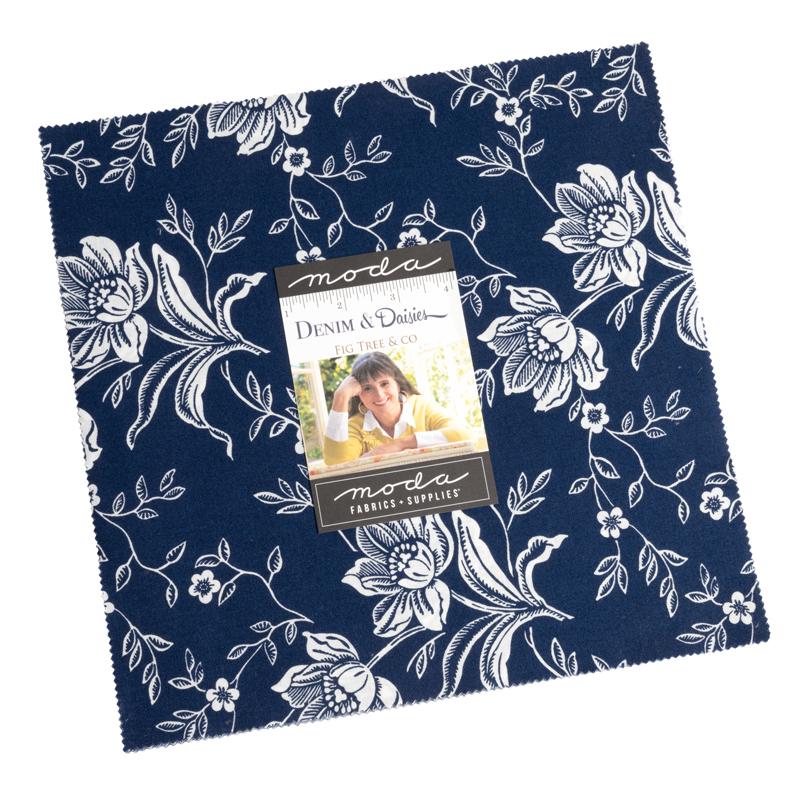 Denim and Daisies Layer Cake, Moda 35380LC, 10" Precut Floral Orange Blue Fabric Squares, Fig Tree