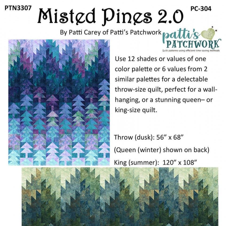 Misted Pines 2.0 Quilt Pattern, Patti's Patchwork PC-304, Monochromatic Trees Mountains Quilt Pattern, Throw Queen King Quilt Pattern