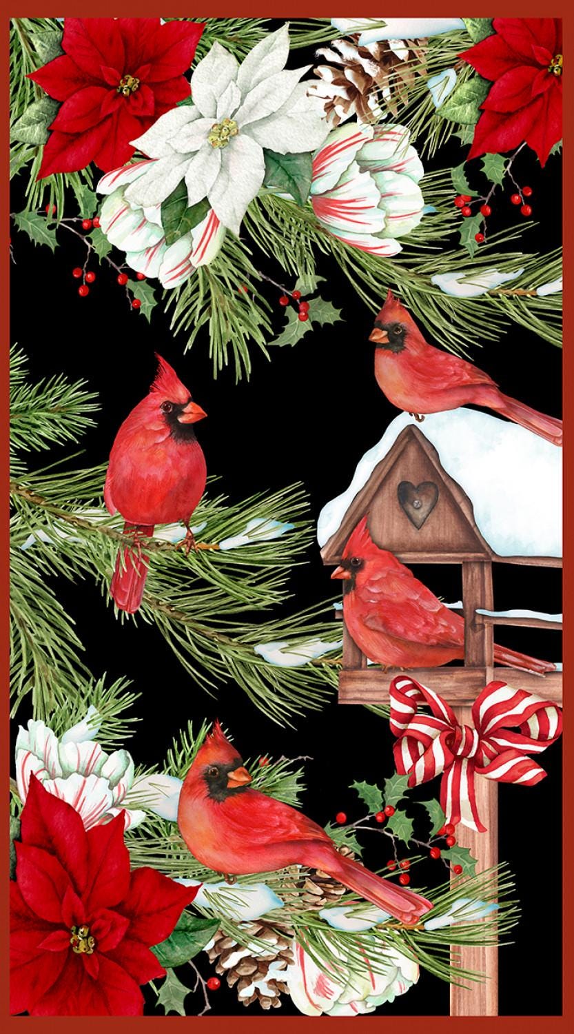 Cardinal Cozy 24" Christmas Fabric Panel, Wilmington Prints 33888-937, Christmas Xmas Fabric Quilt Craft Panel, Nancy Mink