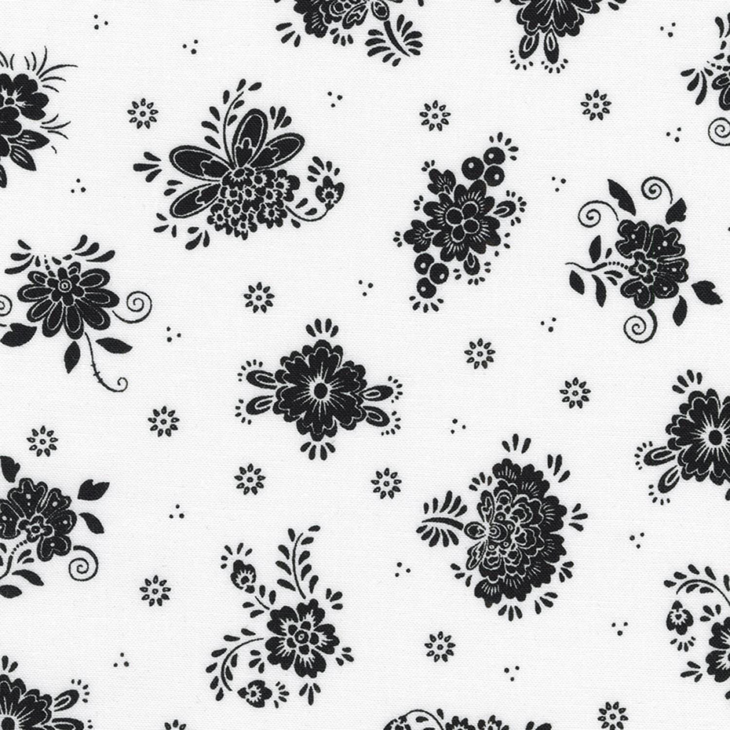 Blackout Ten Square, Robert Kaufman TEN-1340-42, Black White Gray Floral 10" Precut Fabric Squares