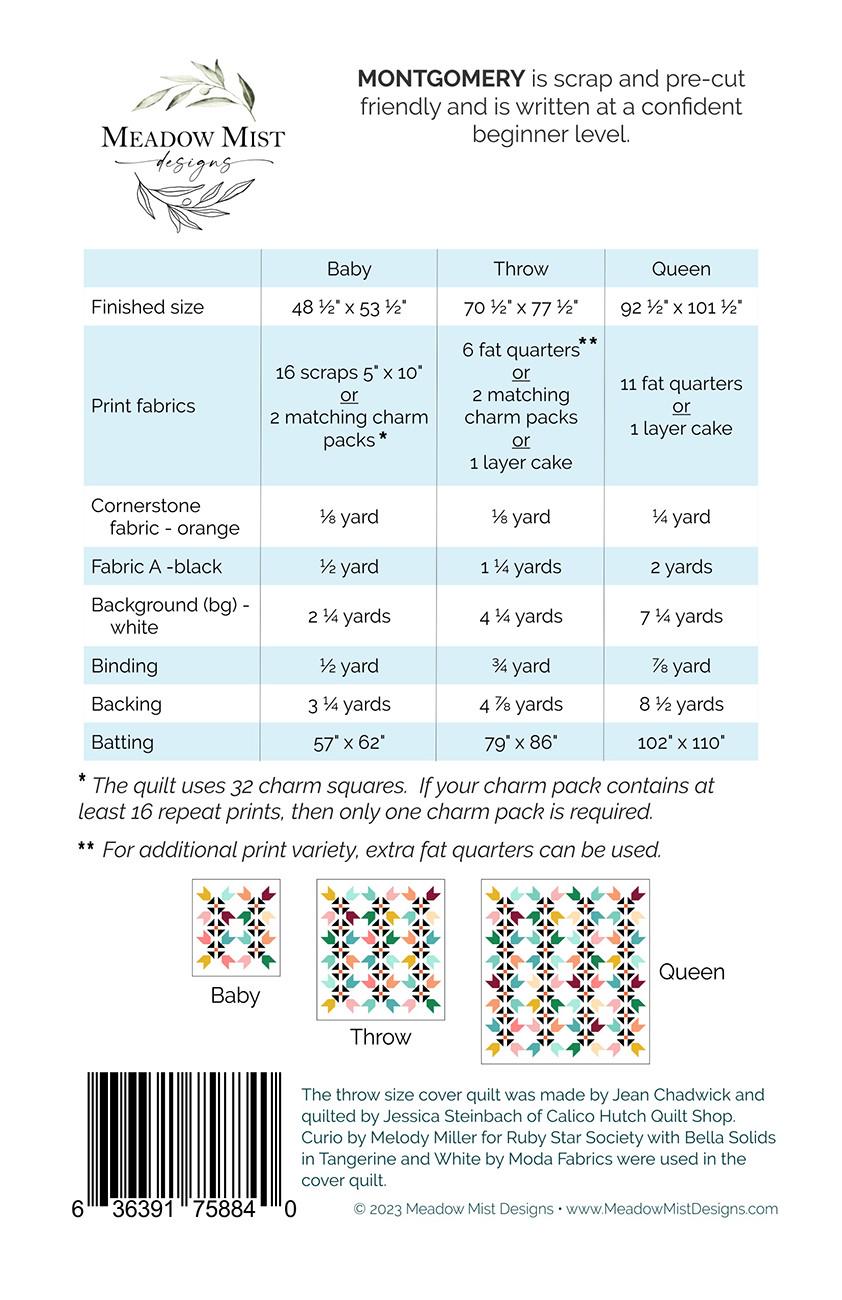 Montgomery Quilt Pattern, Meadow Mist Designs MMD1111, Precut Scrap Friendly Baby Throw Queen Quilt Pattern