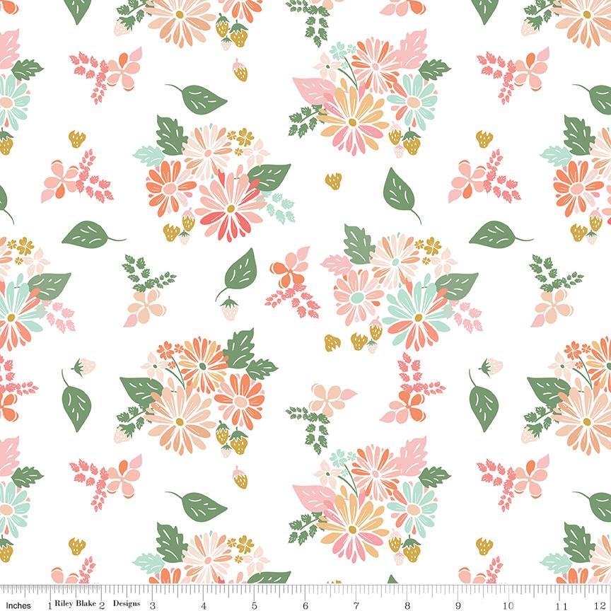 Clover Farm 5" Stacker, Riley Blake 5-14760-42, 5" Precut Floral Fabric Squares, Pink Green Yellow Floral Charm Fabric, Gracey Larson