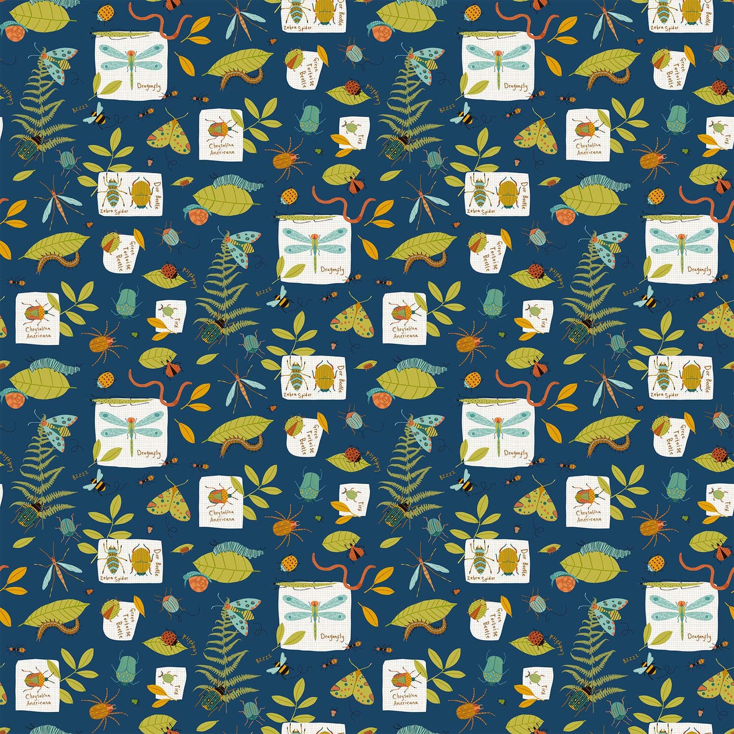 Backyard Bug Collector - Navy Bug Collection Fabric, Northcott 27298-49, Kids Plants Bugs Insects Blue Fabric, Deborah Edwards, By the Yard