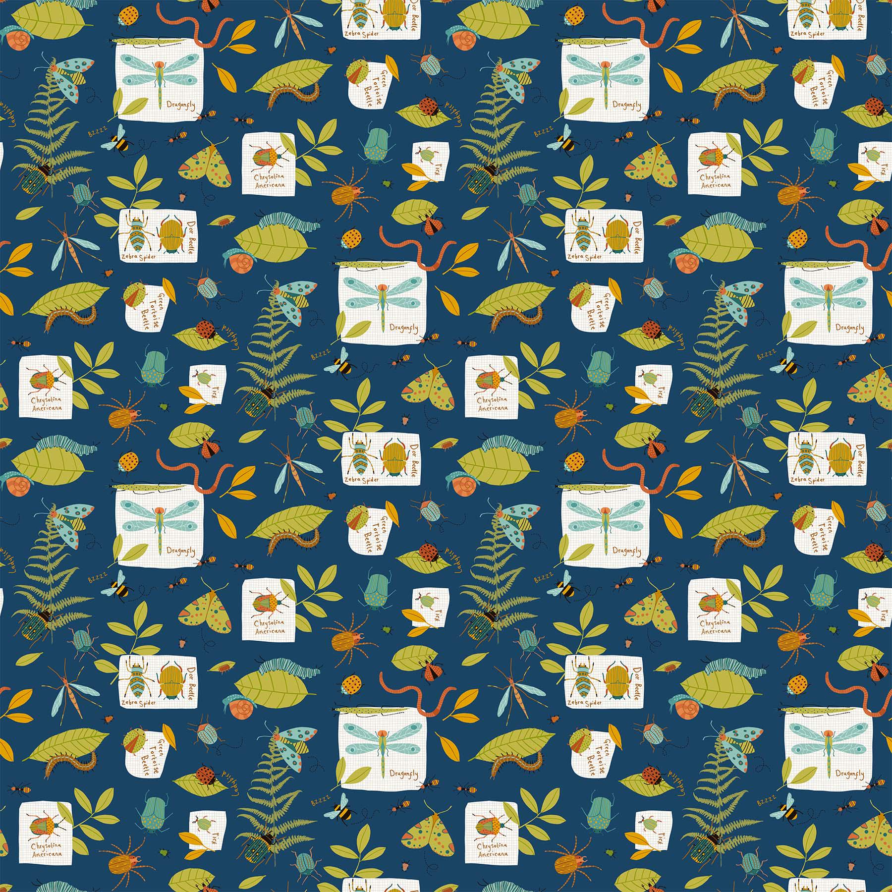 Backyard Bug Collector - Navy Bug Collection Fabric, Northcott 27298-49, Kids Plants Bugs Insects Blue Fabric, Deborah Edwards, By the Yard