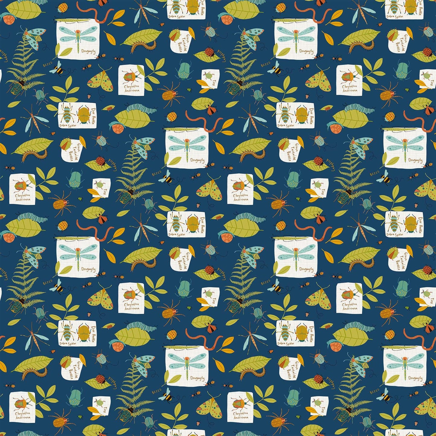 REMNANT 1 Yard 28" of Backyard Bug Collector - Navy Bug Collection Fabric, Northcott 27298-49, Kids Plants Bugs Insects Blue Fabric, Edwards